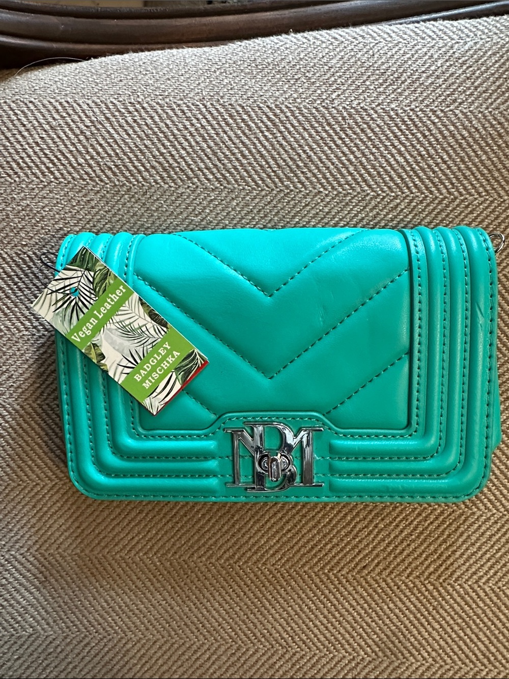 Badgley Mischka Teal Chevron Quilted Vegan Crossbody with Silver Logo